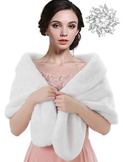 EASEDAILY Women's Fur Shawls and Wraps Wedding Fur Scarf Faux Bridal Fur Stole with Brooch for Brides and Bridesmaids
