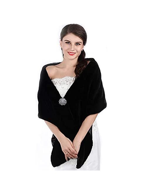 Jovono Women's Wedding Fur Shawls and Wrap Bridal Fur Scarf stoles with Rhinestone Brooch for Bride and Bridesmaids