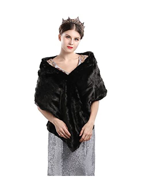 Jovono Women's Wedding Fur Shawls and Wrap Bridal Fur Scarf stoles with Rhinestone Brooch for Bride and Bridesmaids