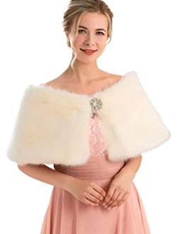 Aukmla Women Faux Fur Shawls and Wraps Bridal Fur Stole Cape Wedding Winter Scarf with Rhinestones Brooch
