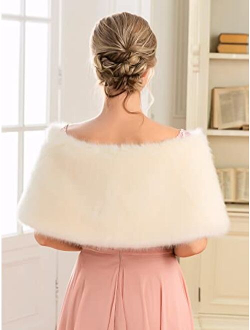 Aukmla Women Faux Fur Shawls and Wraps Bridal Fur Stole Cape Wedding Winter Scarf with Rhinestones Brooch