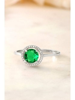Gem Stone King 10K White Gold Green Nano Emerald and White Diamond Engagement Ring For Women (0.99 Cttw, Round 6MM, Available In Size 5,6,7,8,9)
