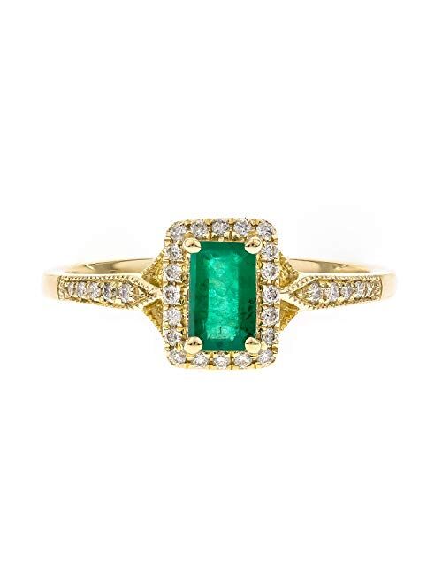 Gin & Grace 10K Yellow Gold Natural Zambian Emerald Ring with Natural Diamonds for women | Ethically, authentically & organically sourced Emerald-Shape Emerald hand-craft