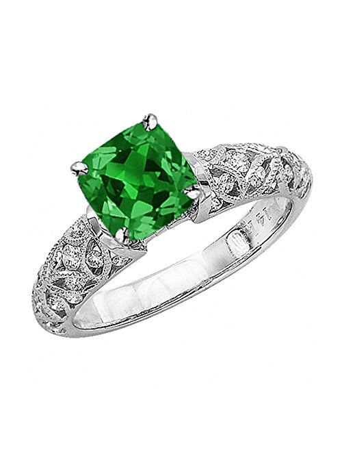 because faith is forever 1.23 Carat t.w 14K White Gold Vintage Style Channel Set Filigree Diamond Engagement Ring w/a 0.75 Carat Cushion Cut Green Emerald Heirloom Qualit