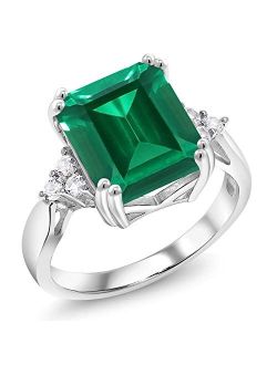 Gem Stone King 925 Sterling Silver Green Simulated Emerald Engagement Ring For Women (5.66 Cttw, Emerald Cut 12X10MM, Available In Size 5, 6, 7, 8, 9)