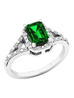 Collection 7x5mm Emerald Cut Lab Created Emerald & Round White Diamond Halo Split Shank Engagement Ring for Women in 925 Sterling Silver