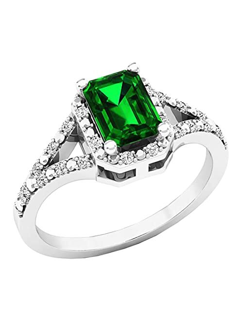 Dazzlingrock Collection 7x5mm Emerald Cut Lab Created Emerald & Round White Diamond Halo Split Shank Engagement Ring for Women in 925 Sterling Silver