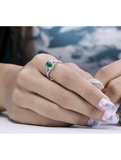 Dazzlingrock Collection 7x5mm Emerald Cut Lab Created Emerald & Round White Diamond Halo Split Shank Engagement Ring for Women in 925 Sterling Silver