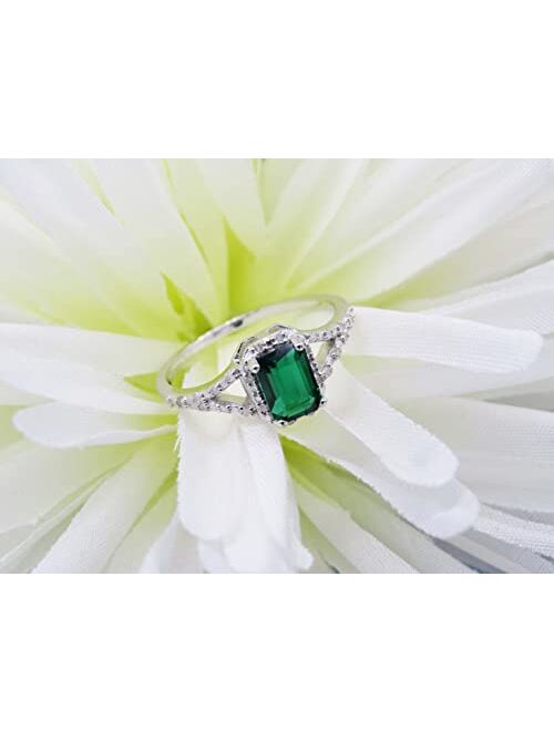 Dazzlingrock Collection 7x5mm Emerald Cut Lab Created Emerald & Round White Diamond Halo Split Shank Engagement Ring for Women in 925 Sterling Silver