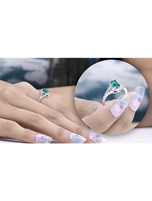 Dazzlingrock Collection 7x5mm Emerald Cut Lab Created Emerald & Round White Diamond Halo Split Shank Engagement Ring for Women in 925 Sterling Silver