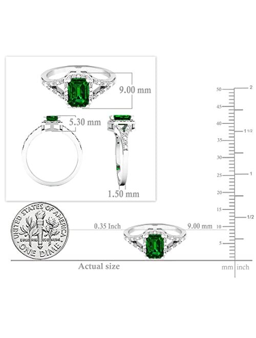 Dazzlingrock Collection 7x5mm Emerald Cut Lab Created Emerald & Round White Diamond Halo Split Shank Engagement Ring for Women in 925 Sterling Silver