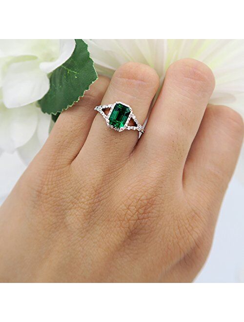 Dazzlingrock Collection 7x5mm Emerald Cut Lab Created Emerald & Round White Diamond Halo Split Shank Engagement Ring for Women in 925 Sterling Silver