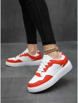 Women Two Tone Lace-up Front Skate Shoes, Sporty Sneakers