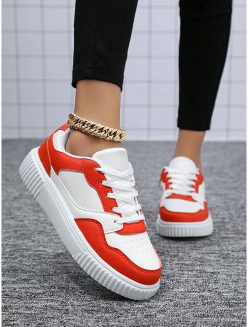 Shein Women Two Tone Lace-up Front Skate Shoes, Sporty Sneakers
