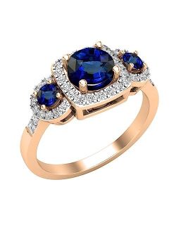 Collection Round Lab Created Gemstone & Natural White Diamond Ladies 3 Stone Halo Style Engagement Ring, 10K White Gold