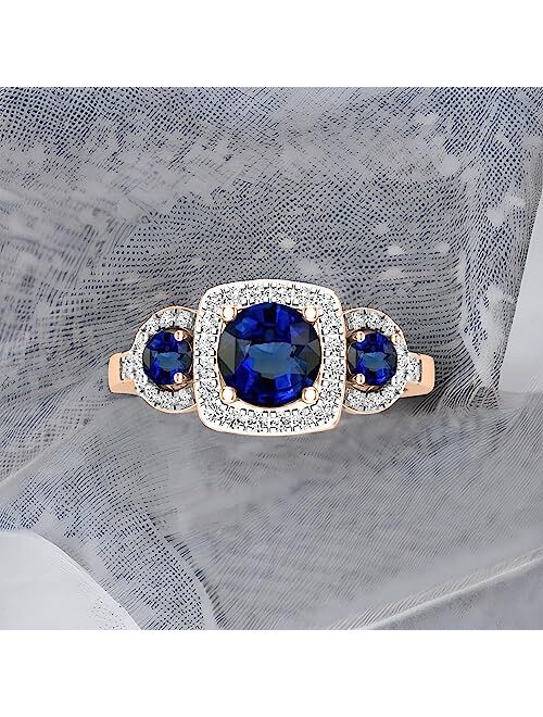 Dazzlingrock Collection Round Lab Created Gemstone & Natural White Diamond Ladies 3 Stone Halo Style Engagement Ring, 10K White Gold