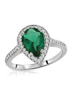 Galaxy Gold GG Stunning 1.69 Carat Total Weight 14K Solid White Gold Emerald and Natural Diamond Halo Ring Brilliant Pear Cut Tear Drop Shape Round Diamonds Anniversary E