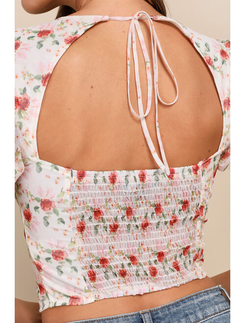 Lulus Undeniable Sweetie Ivory Floral Puff Sleeve Tie-Back Bustier Top