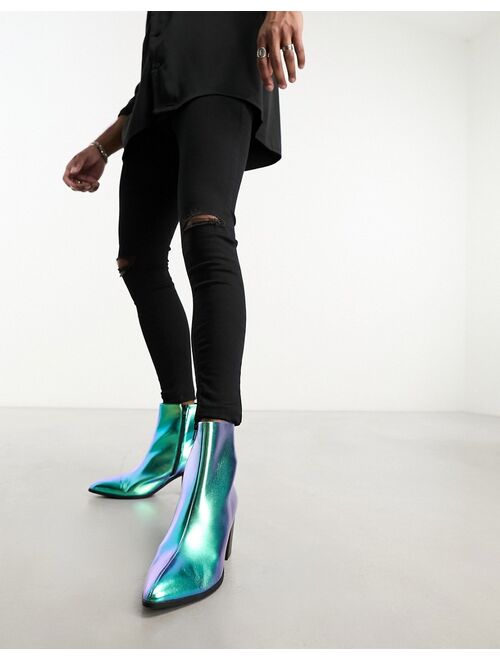 ASOS DESIGN heeled chelsea boot in blue mirror faux leather