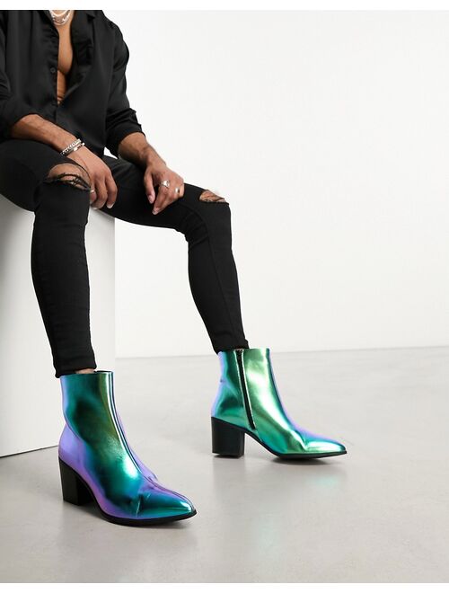 ASOS DESIGN heeled chelsea boot in blue mirror faux leather