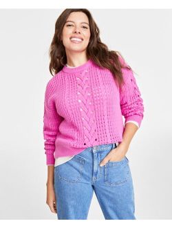 ON 34TH Women's Cable-Knit-Mesh Crewneck Long-Sleeve Sweater, Created for Macy's