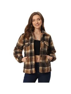 Faux Fleece Jackets For Women's Button Down Casual Warm Plaid Coat Outwear