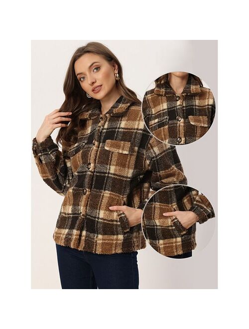 ALLEGRA K Faux Fleece Jackets For Women's Button Down Casual Warm Plaid Coat Outwear