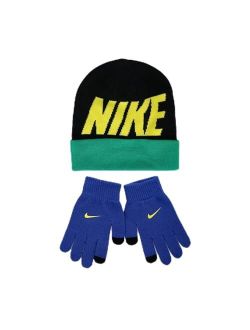 Big Kids Wordmark Colorblock Beanie & Gloves 2-piece Set - Black/Green/Yellow - One Size Fits All (8-20)