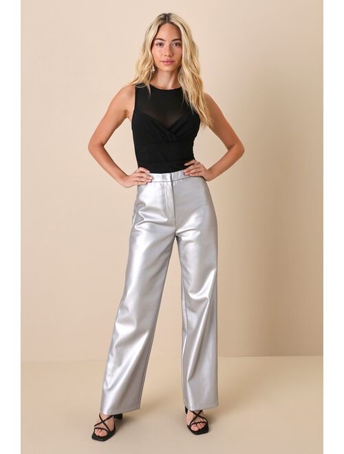 Lulus Futuristic Flair Silver Vegan Leather Straight Leg Pants