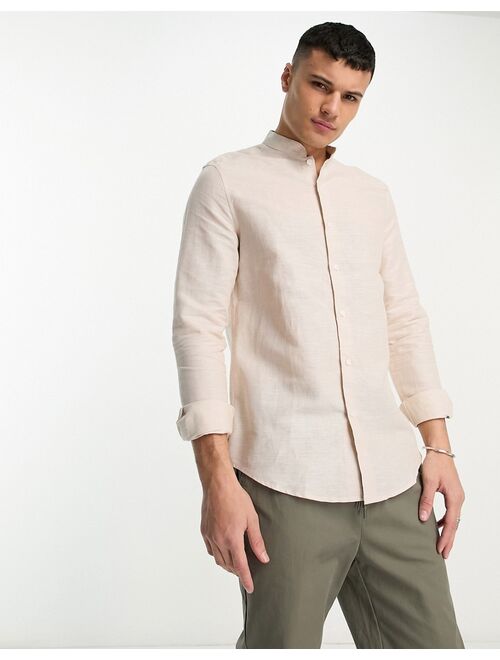 ASOS DESIGN regular fit smart linen shirt with mandarin collar in ecru