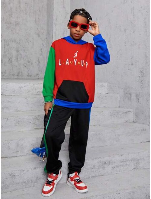 Shein Tween Boy Letter Graphic Colorblock Pullover & Sweatpants