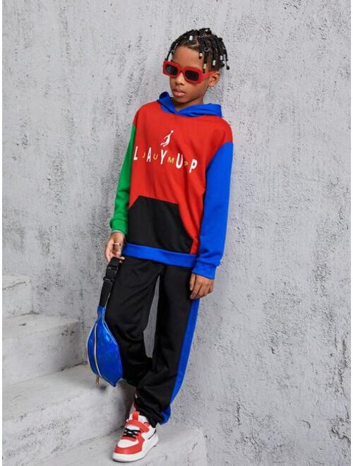 Shein Tween Boy Letter Graphic Colorblock Pullover & Sweatpants