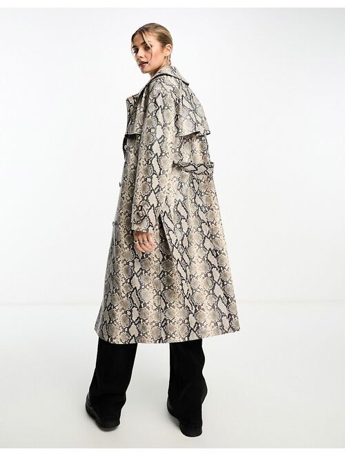 Miss Selfridge faux leather trench coat in snake print
