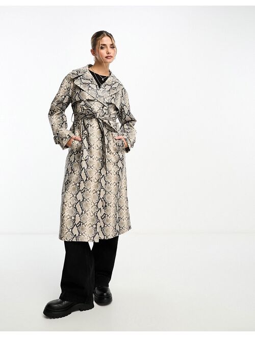Miss Selfridge faux leather trench coat in snake print
