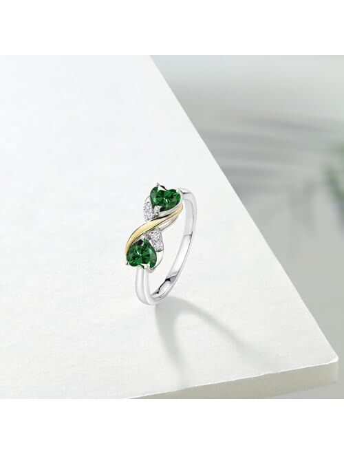 Gem Stone King 925 Sterling Silver and 10K Yellow Gold Green Nano Emerald and White Lab Grown Diamond Ring For Women (1.04 Cttw, Heart Shape 5MM, Available in size 5, 6, 