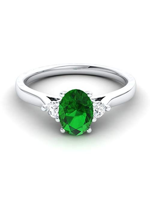 Diamondere Natural and Certified Oval Cut Emerald and Diamond Engagement Ring in 14K White Gold | 0.69 Carat Three Stone Ring for Women, US Size 4 to 9