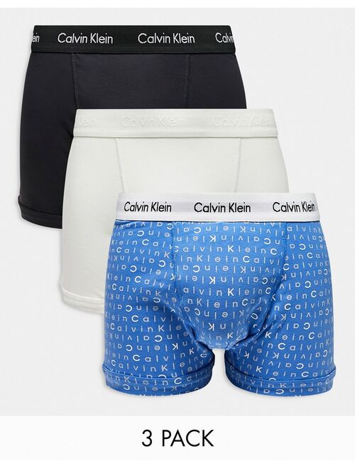Calvin Klein Plus 3-pack trunks in printed blue, navy and gray