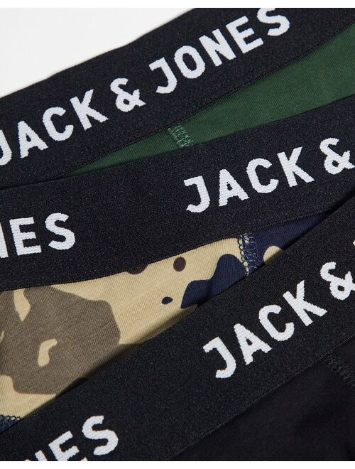 Jack & Jones 3 pack trunks in camo black and green