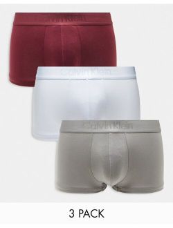 CK Black 3-pack low rise trunks in gray, white and burgundy