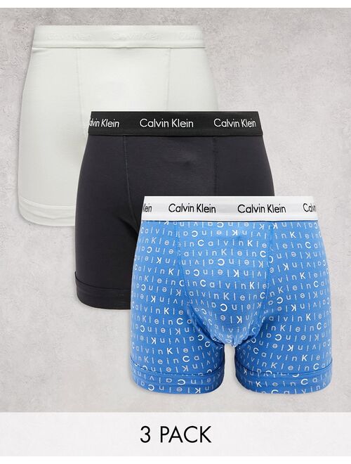 Calvin Klein 3-pack trunks in printed blue, black and gray