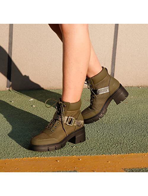 REDTOP Women's Combat Boots Chunky Lug Sole Ankle Boots Lace Up Buckle Casual Shoes