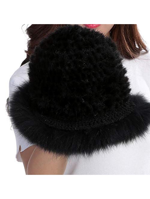 Valpeak Womens Winter Hat Knitted Mink Real Fur Hats with Fox Brim
