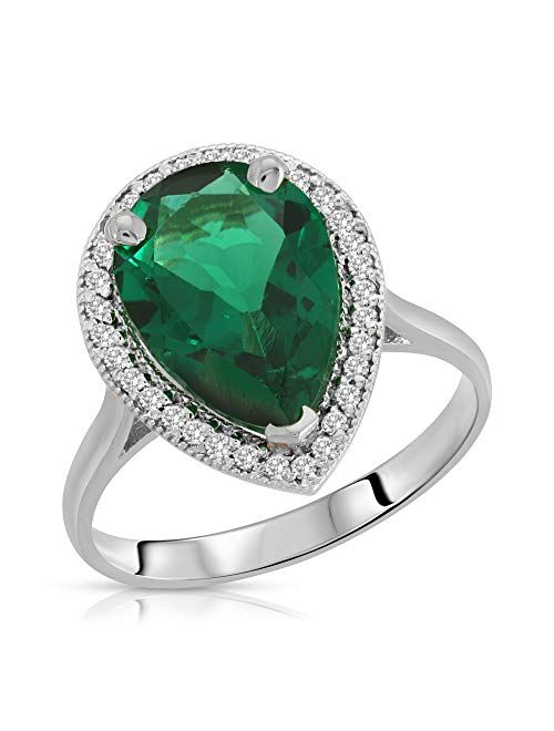 Galaxy Gold GG 3.16 Carat Total Weight 14K Solid White Gold Emerald with Natural Diamonds Halo Ring Brilliant Pear Tear Drop Shape Cut and Round Diamonds Anniversary Enga