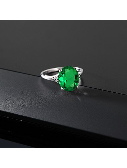 Gem Stone King 10K White Gold Green Simulated Emerald and White Diamond Engagement Ring For Women (3.70 Cttw, Oval 11X9MM, Available in size 5, 6, 7, 8, 9)