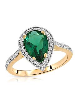 Galaxy Gold GG Stunning 1.69 Carat Total Weight 14K Solid Yellow Gold Emerald and Natural Diamond Halo Ring Brilliant Pear Cut Tear Drop Shape Round Diamonds Anniversary 