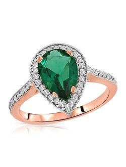 Galaxy Gold GG Stunning 1.69 Carat Total Weight 14K Solid Rose Gold Emerald and Natural Diamond Halo Ring Brilliant Pear Cut Tear Drop Shape Round Diamonds Anniversary En