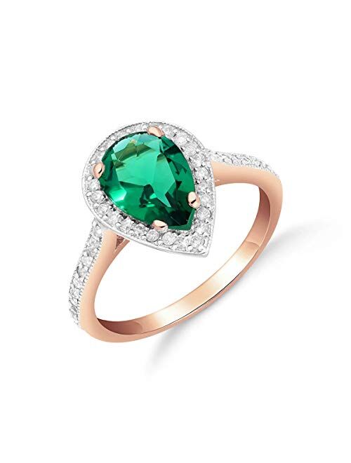 Galaxy Gold GG Stunning 1.69 Carat Total Weight 14K Solid Rose Gold Emerald and Natural Diamond Halo Ring Brilliant Pear Cut Tear Drop Shape Round Diamonds Anniversary En