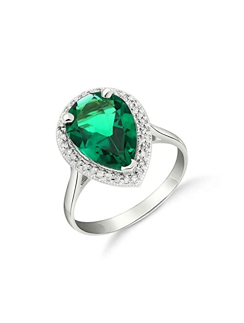 Galaxy Gold GG 3.16 Carat Total Weight Sterling Silver 925 Emerald with Natural Diamonds Halo Ring Brilliant Pear Tear Drop Shape Cut and Round Diamonds Anniversary Engag