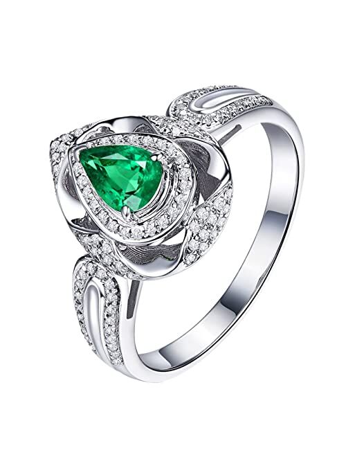 Dsnyu White Gold 750 18K Couple Rings Band, Silver Rings Women, Hollow Teardrop 0.6ct Emerald Ring Trendy for Wedding Size 4-11