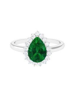 Rosec Jewels Created Emerald Teardrop Halo Ring for Women (7X10 MM Pear, Statement Engagement Jewelry for Her, AAAA Quality)